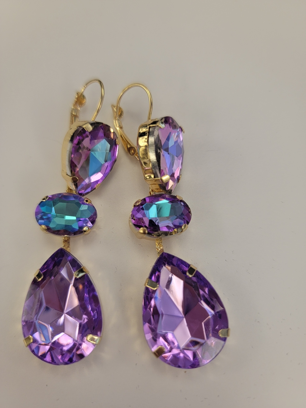 Fashion Jewelry Gold-Tone Purple Teardrop and Aurora Crystal Dangle Earrings